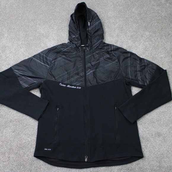 Nike Running Jacket Mens Large Black Dri-Fit Hooded Full Zip Lightweight Hoodie - Picture 1 of 16